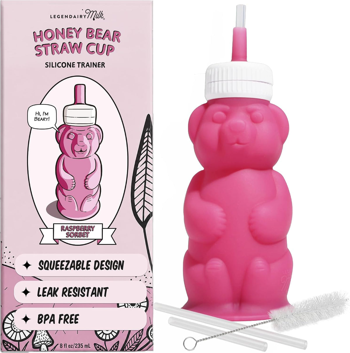 Legendairy Milk Honey Bear Silicone Straw Cup, 8 oz (240 ml), Pink — product view