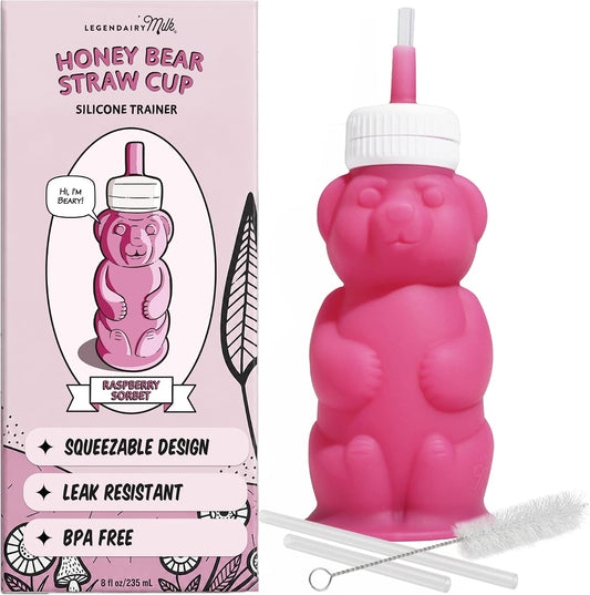 Legendairy Milk Honey Bear Silicone Straw Cup, 8 oz (240 ml), Pink