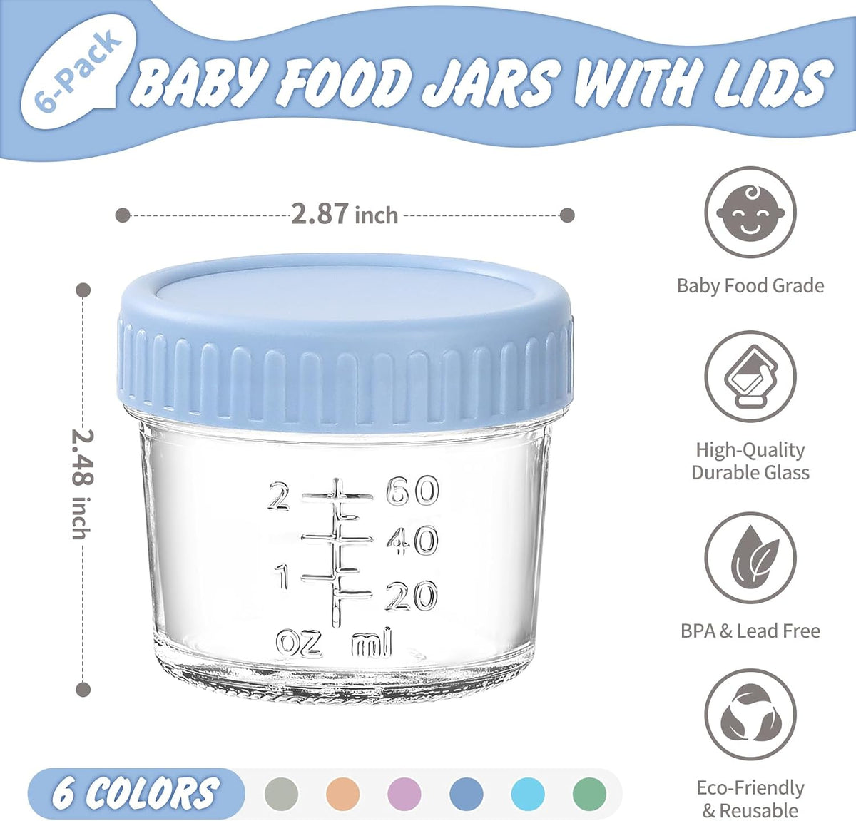 DRKIO Glass Baby Food Storage Jars with Lids, 4 oz, Set of 6 - view 2