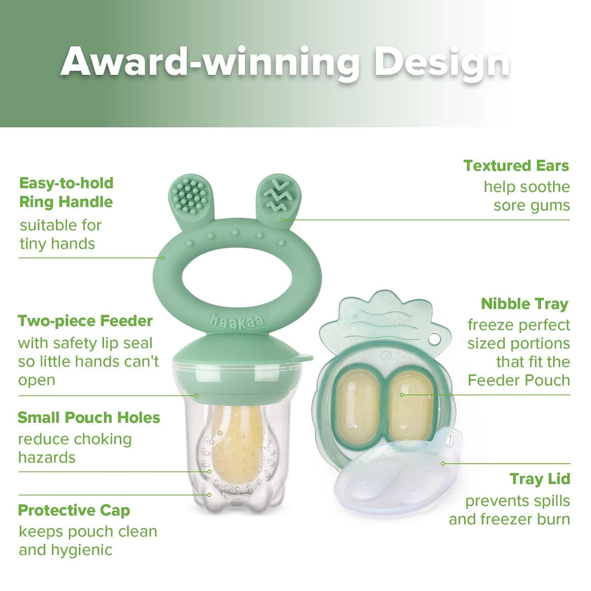 haakaa Silicone Fruit Feeder and Mini Freezer Nibble Tray Combo, Pea Green - view 4