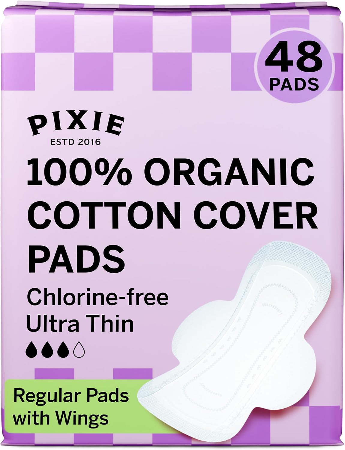 Pixie Organic Cotton Ultra Thin Pads with Wings, Regular, Unscented, 48 Count