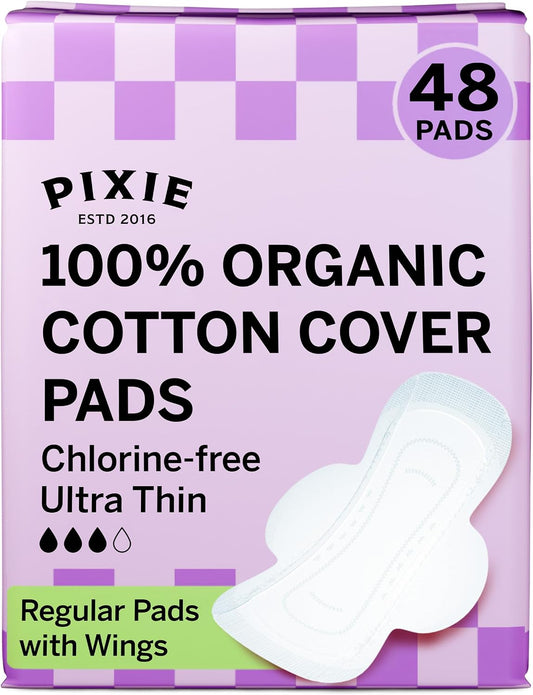 Pixie Organic Cotton Ultra Thin Pads with Wings, Regular, Unscented, 48 Count
