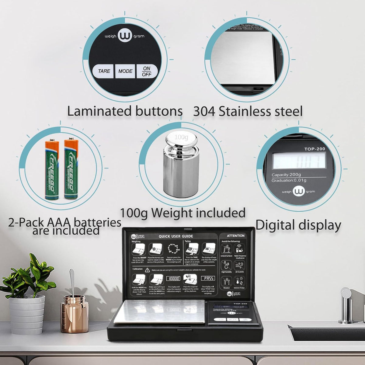 Weigh Gram Digital Pocket Scale 200g x 0.01g with Calibration Weight - view 3