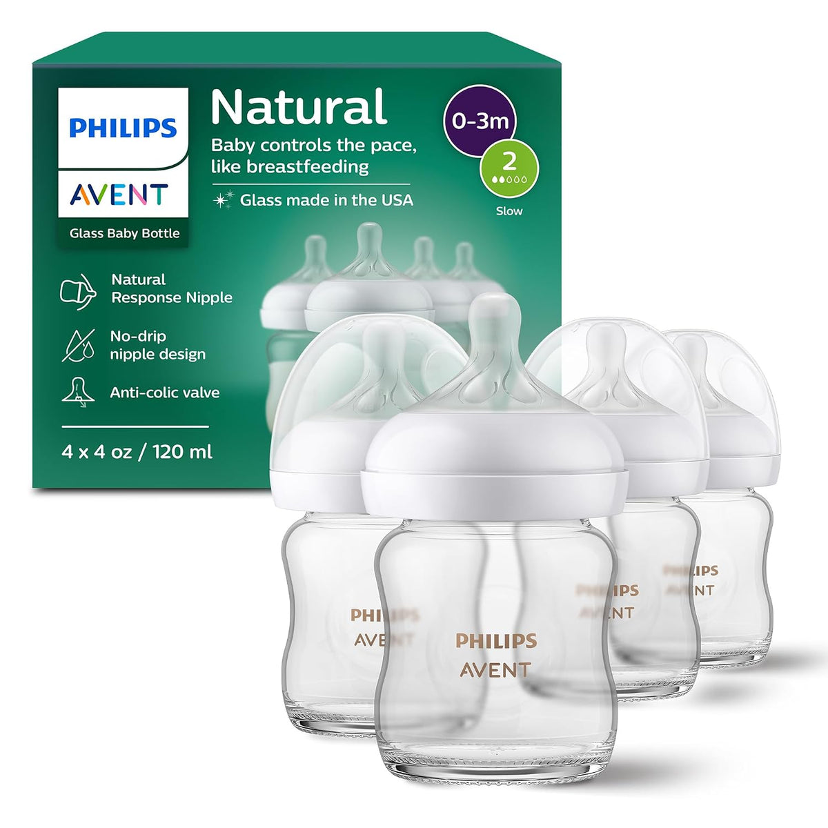 Philips Avent Natural Glass Baby Bottles, Slow Flow, 4 oz (120 ml), Pack of 4 — product view