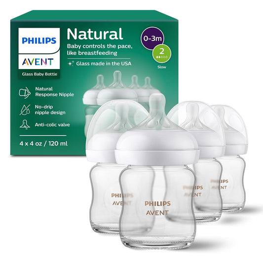Philips Avent Natural Glass Baby Bottles, Slow Flow, 4 oz (120 ml), Pack of 4