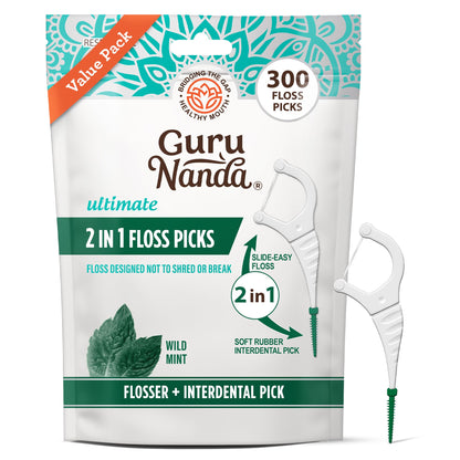 GuruNanda 2-in-1 Dental Floss Picks with Interdental Pick, Wild Mint, 300 Count