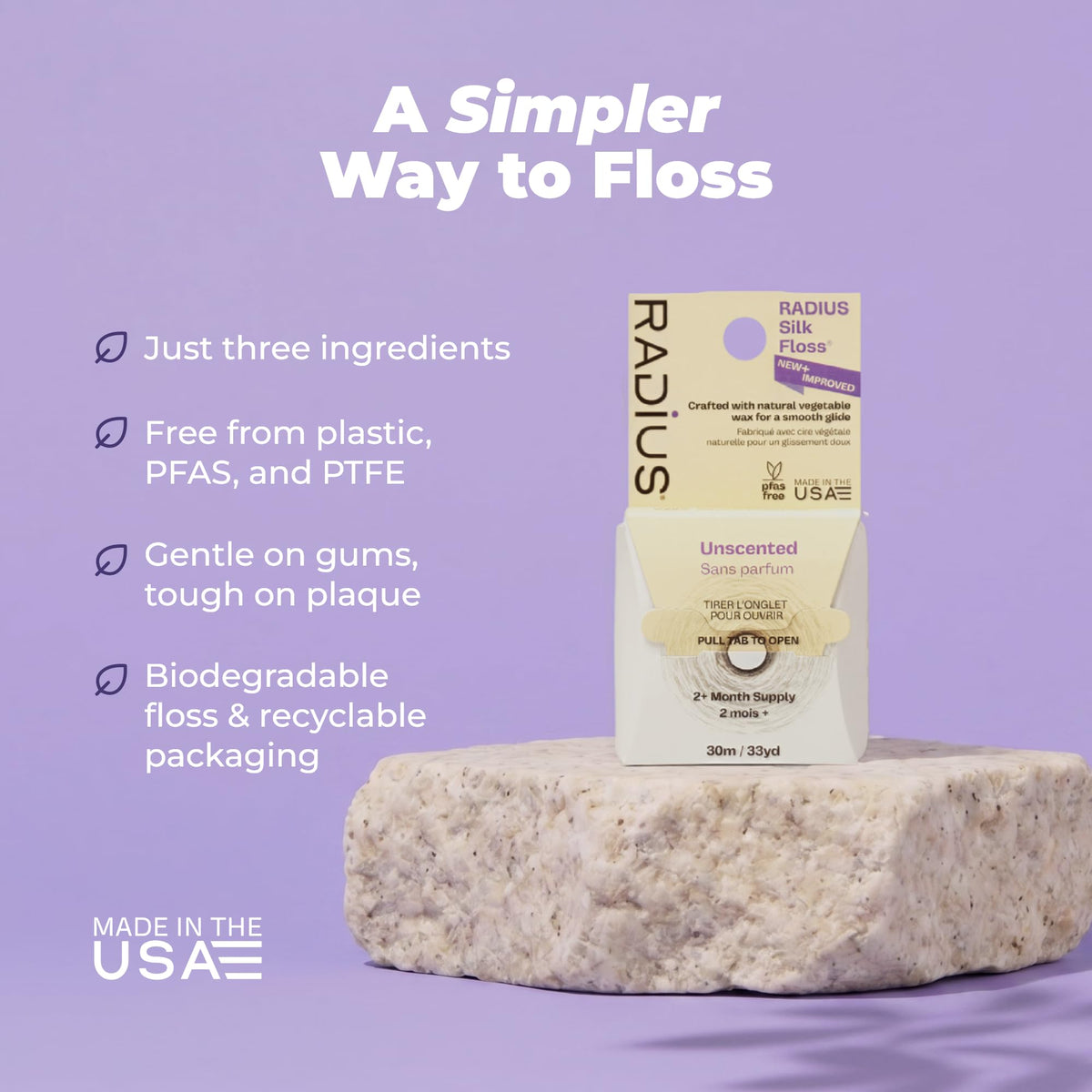 RADIUS Natural Silk Dental Floss, Unscented, 33 Yards (30 m), Pack of 3 - view 2