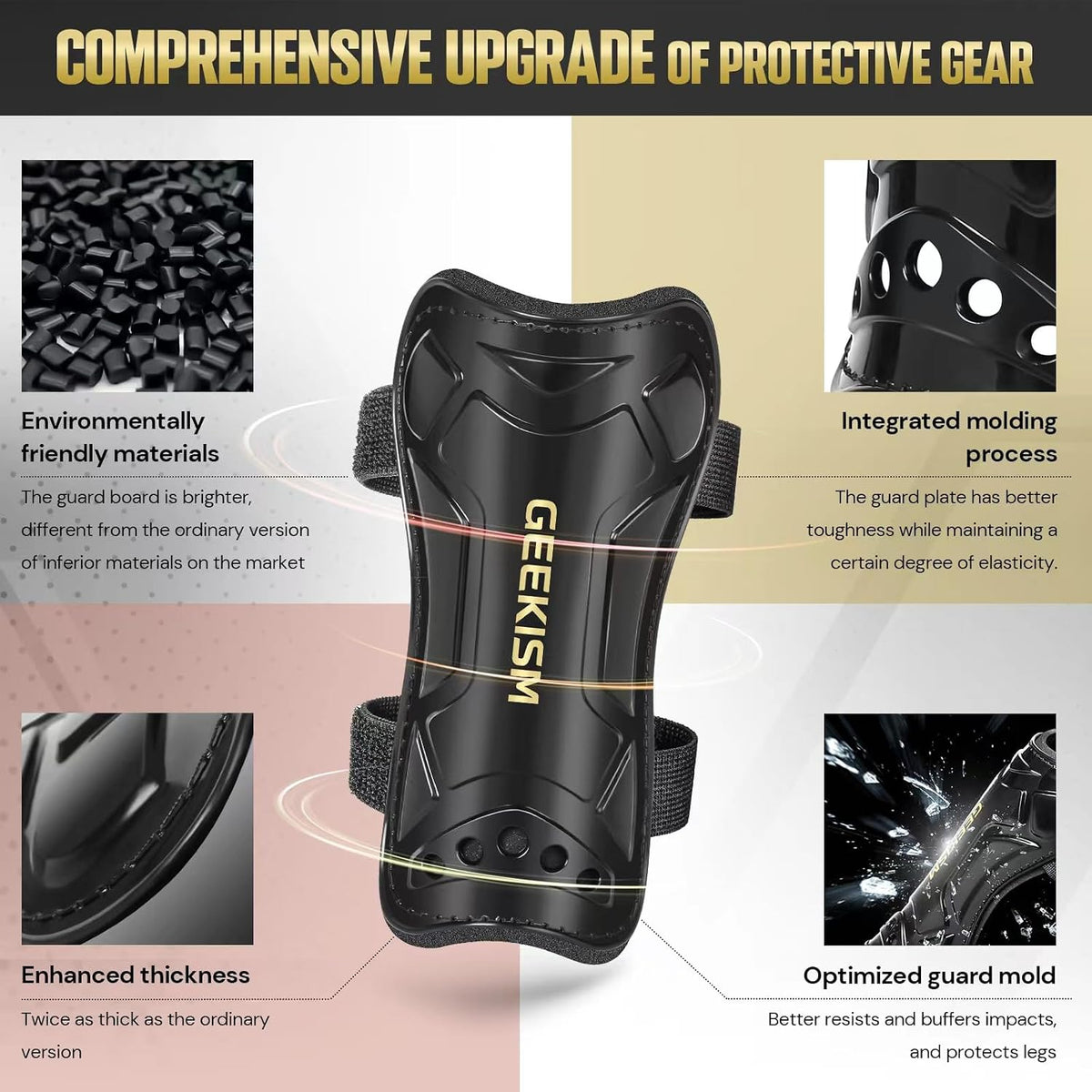 Geekism Soccer Shin Guards for Kids with Socks, Double Straps, Black, Medium - view 6