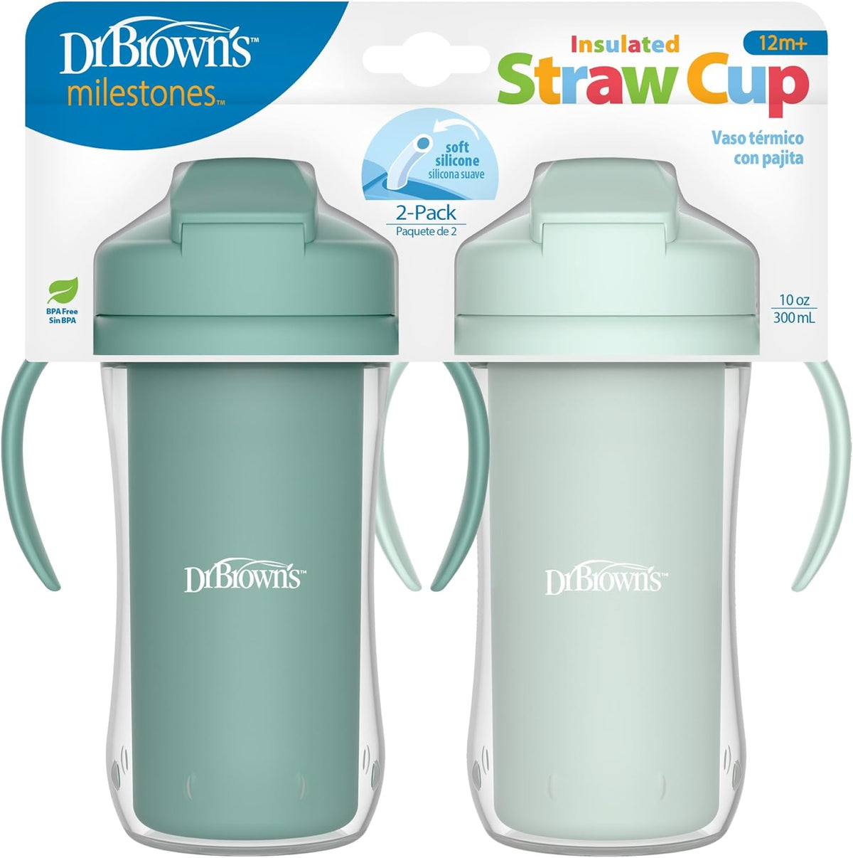 Dr. Brown's Milestones Insulated Straw Cup with Handles, Green, 2 Pack