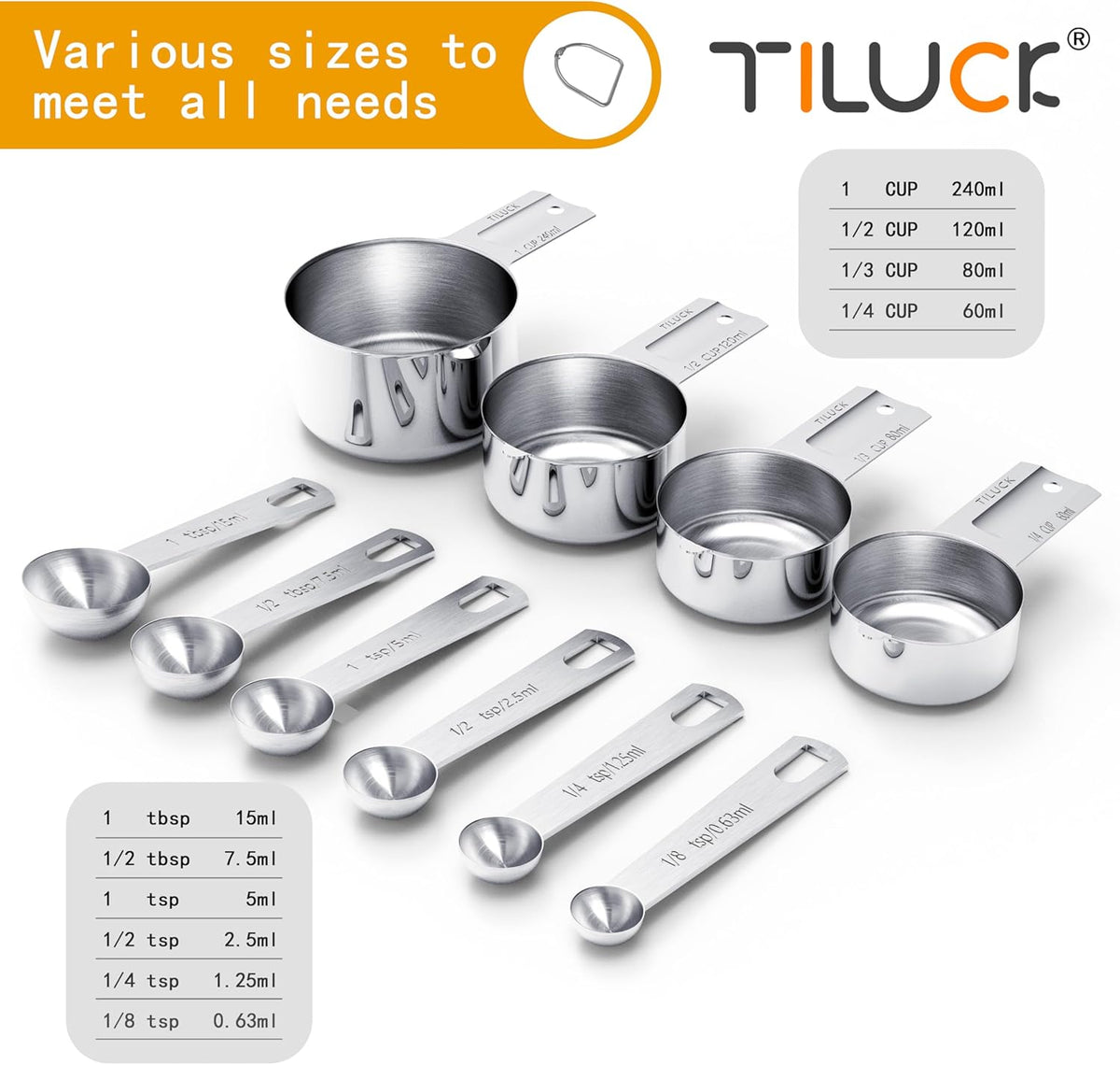 TILUCK Stainless Steel Measuring Cups and Spoons Set, 10 Piece - view 2