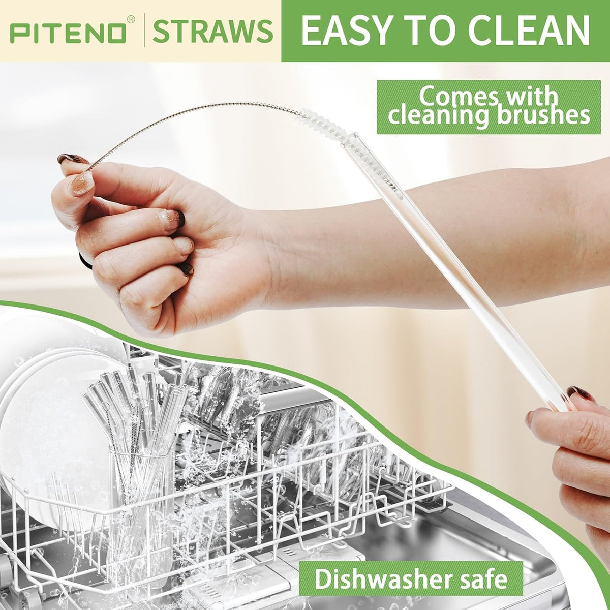 Piteno Reusable Glass Straws, 12 Pack with 4 Cleaning Brushes, 8.5 Inch - view 5