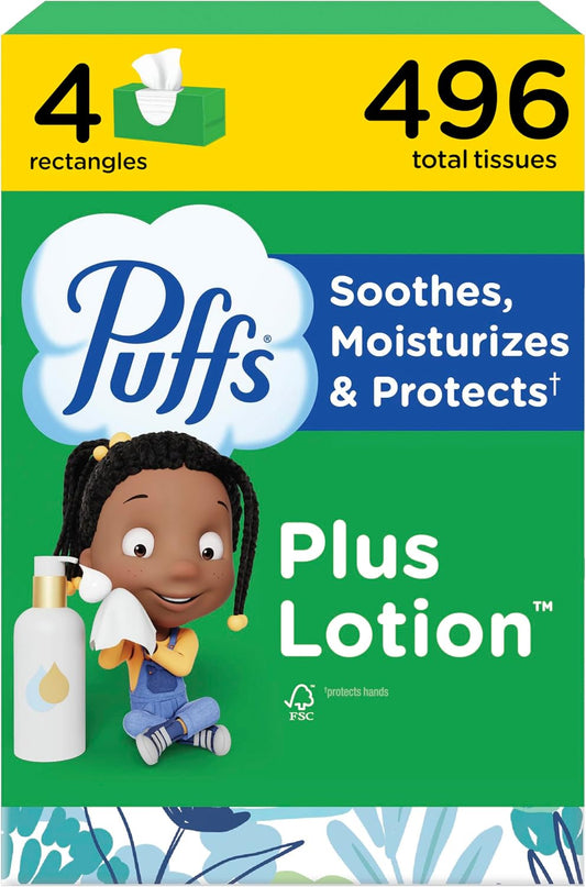 Puffs Plus Lotion Facial Tissues, 4 Family Boxes of 124