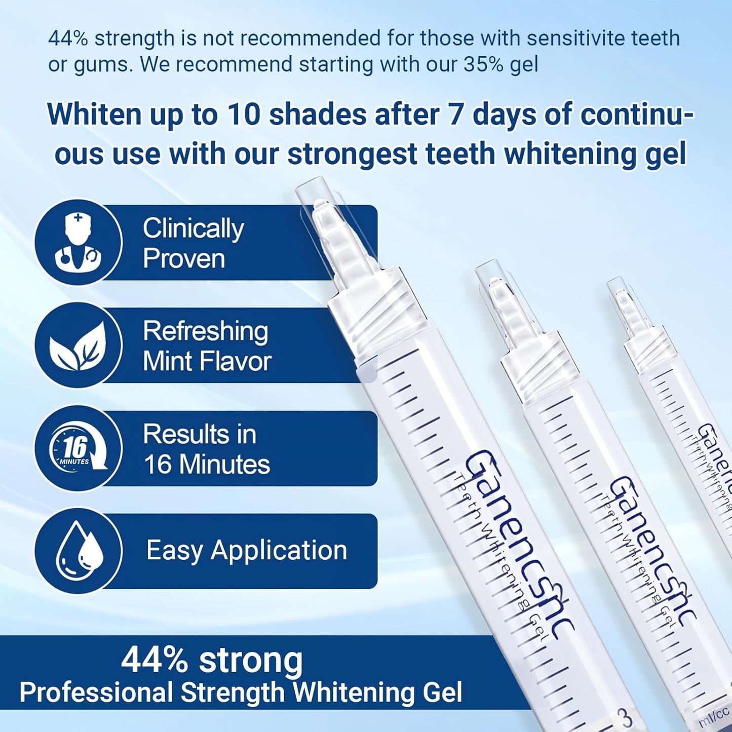 Ganencsnc Teeth Whitening Gel Refill Syringes 44% Carbamide Peroxide 10 x 3ml