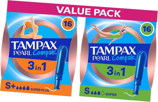 Tampax Pearl Compak Super Plus and Super Tampons - 32 Count