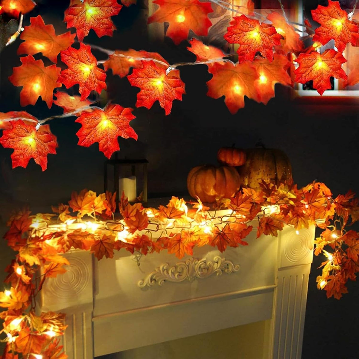 TURNMEON Fall Garland with Lights, 2 Pack, 20 ft, 40 LED Maple Leaves