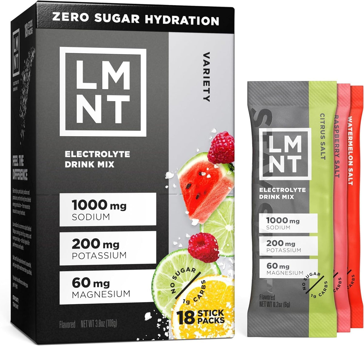LMNT Zero Sugar Electrolyte Drink Mix, Variety Pack, 18 Stick Packs — product view