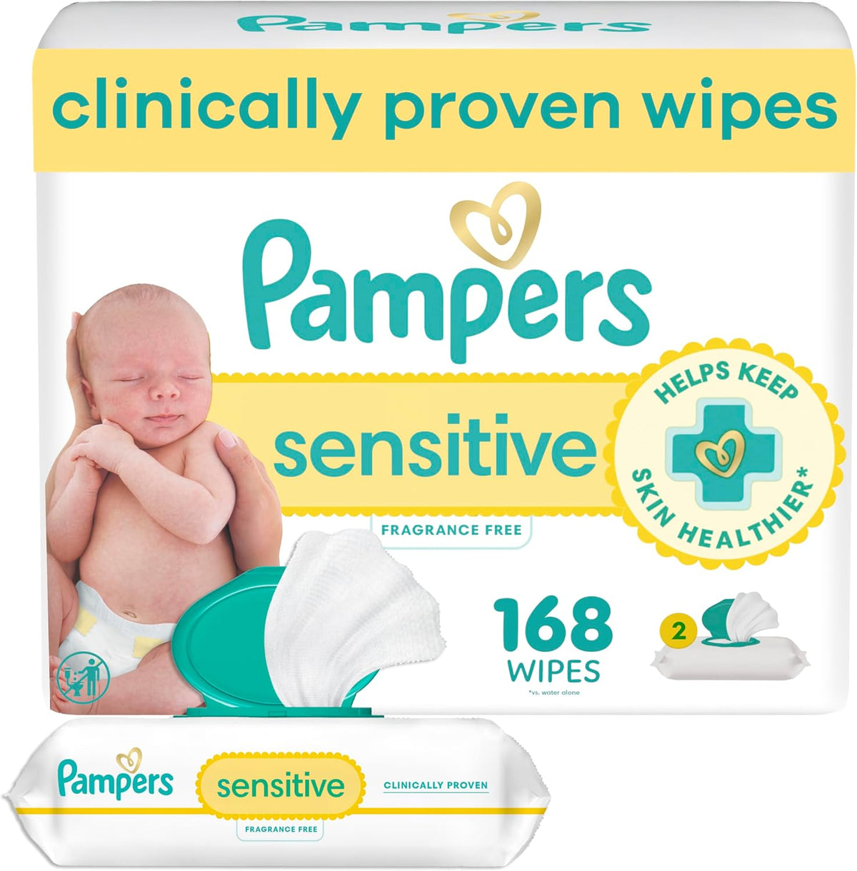 Pampers Sensitive Baby Wipes Unscented, 168 Wipes (3 Flip-Top Packs)