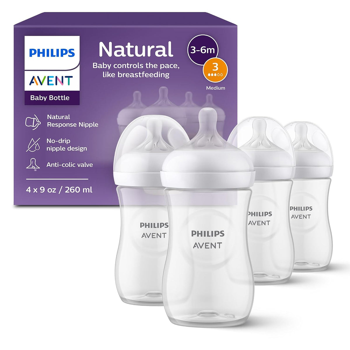 Philips Avent Natural Baby Bottles, 9 oz, Medium Flow, Pack of 4
