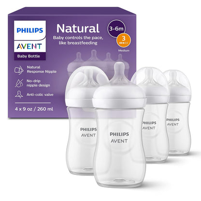 Philips Avent Natural Baby Bottles, 9 oz, Medium Flow, Pack of 4