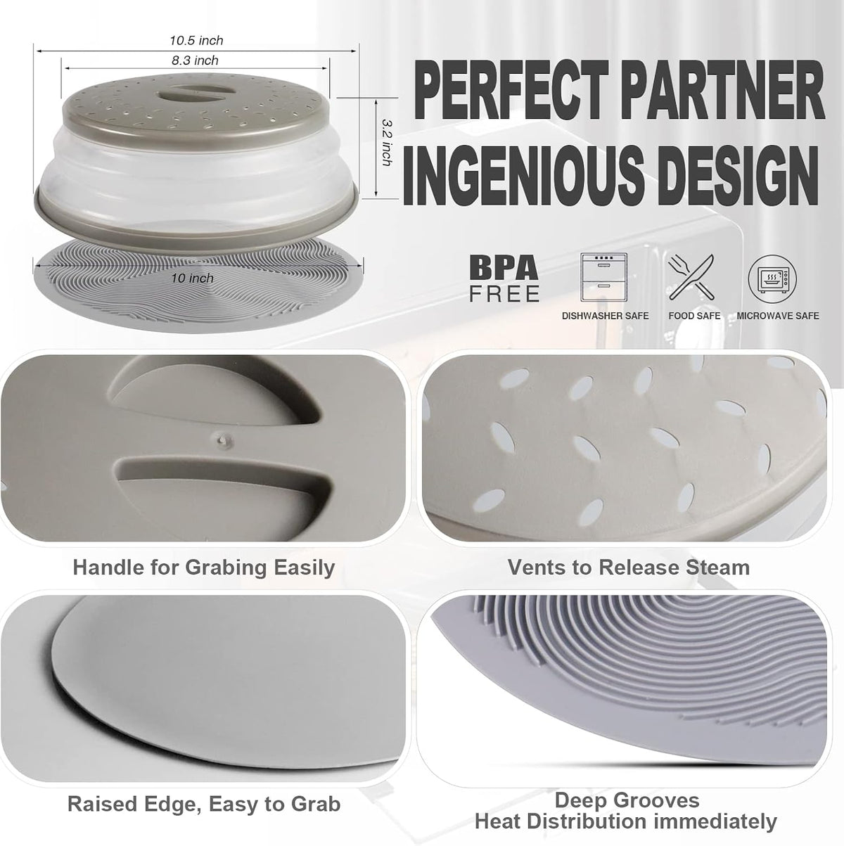 Aidacom 2-in-1 Microwave Splatter Cover and Silicone Mat, Grey - view 6