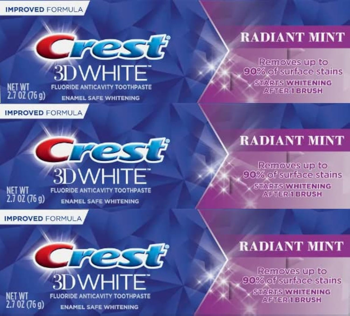 Crest 3D White Radiant Mint Toothpaste 76 g (2.7 oz), Pack of 3 — product view
