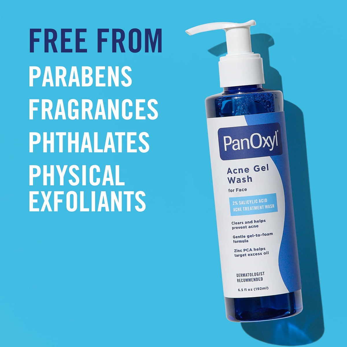 PanOxyl Acne Gel Wash 2% Salicylic Acid - Product bottle with text listing free-from ingredients