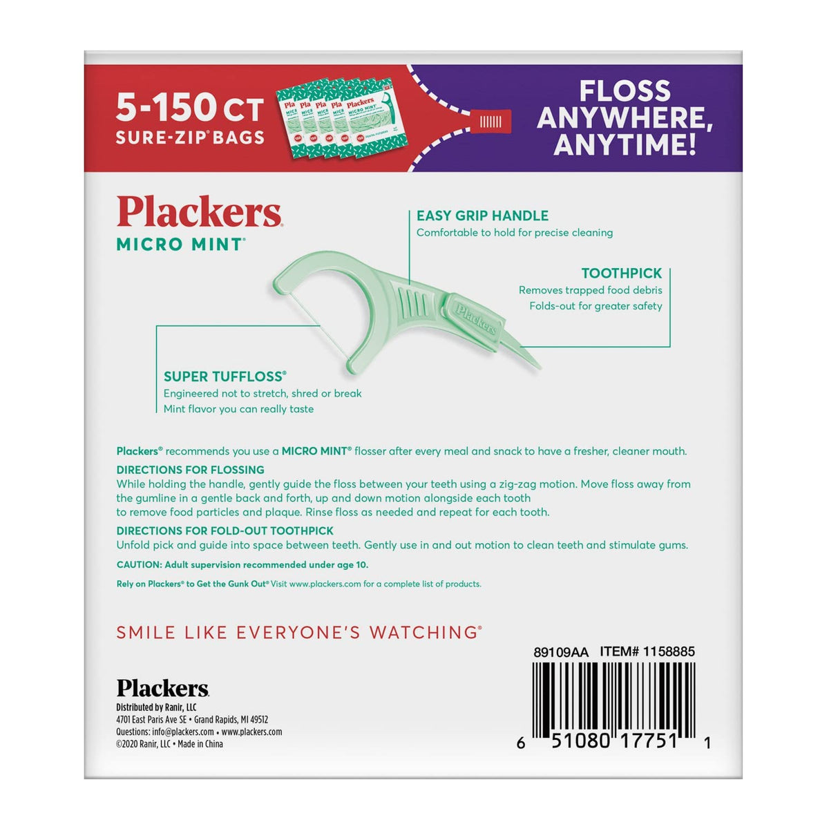 Plackers Micro Mint Floss Picks, 150 Count, Pack of 5 - view 3