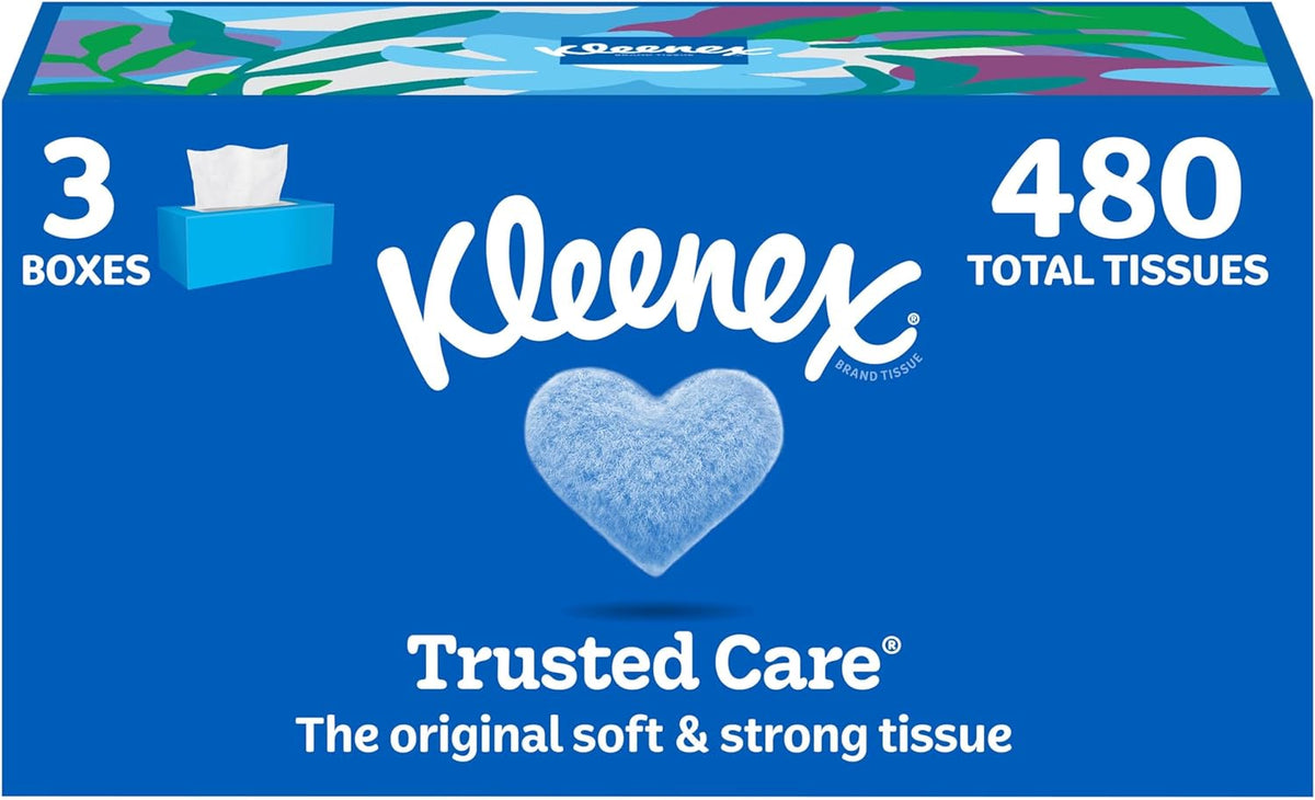 Kleenex Trusted Care Facial Tissues, 3 Flat Boxes of 160 (480 Tissues) — product view
