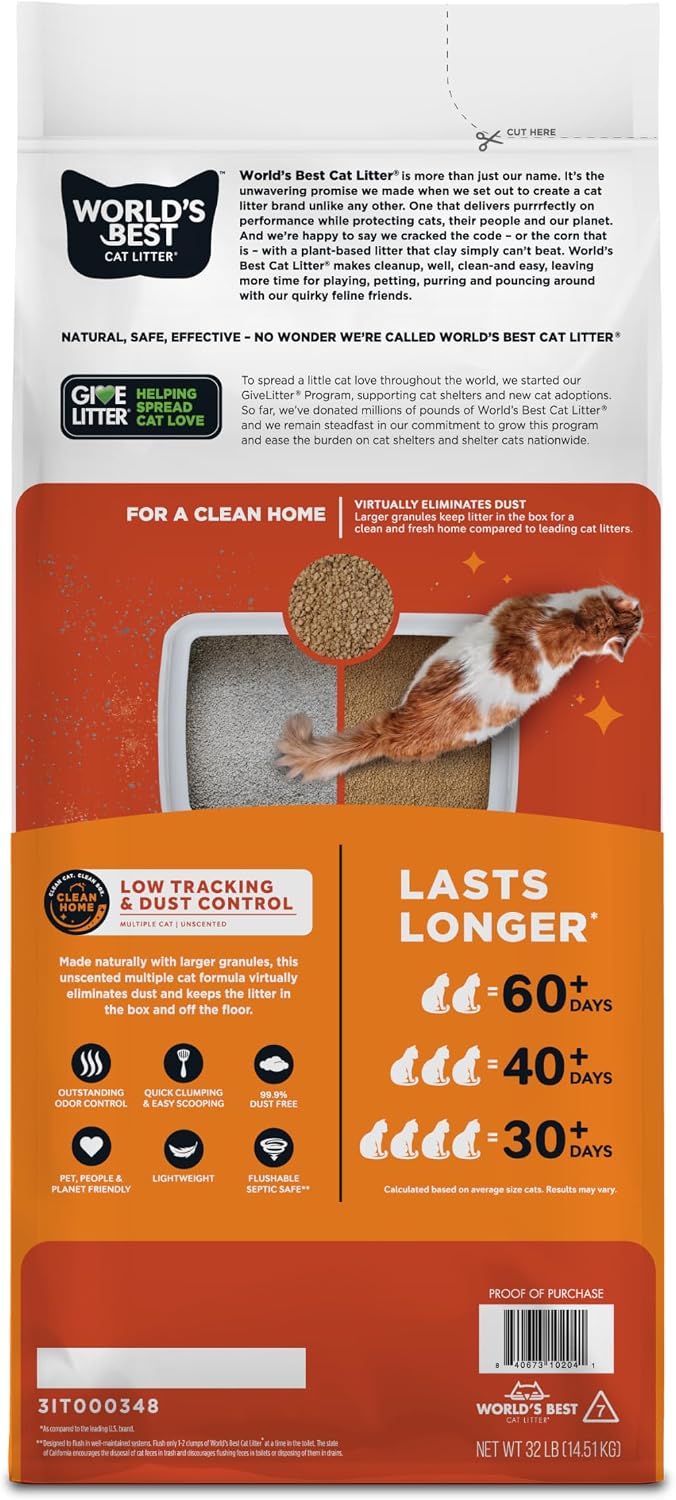 World's Best Cat Litter Low Tracking & Dust Control Unscented, 32 lb - view 2