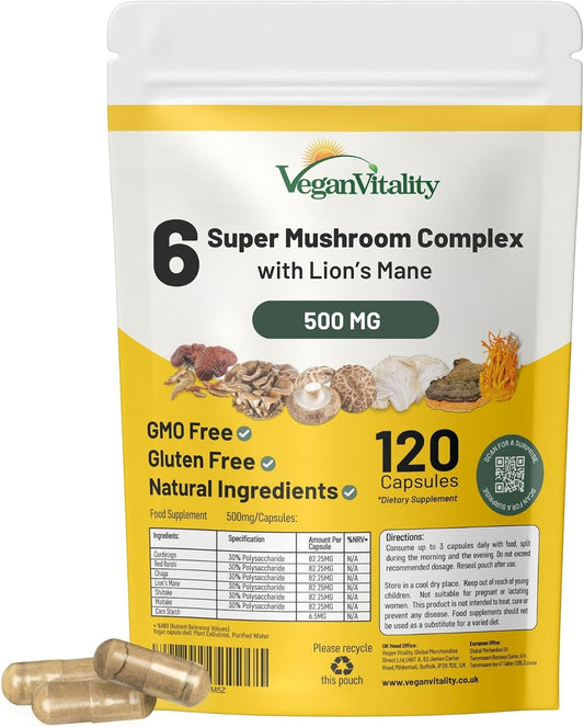 Vegan Vitality 6 Mushroom Complex Capsules, 120 Count