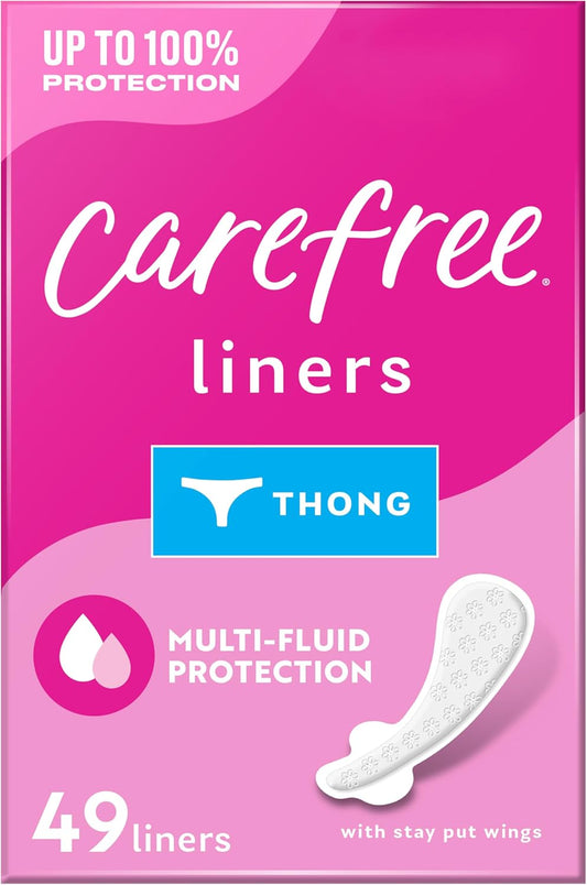 Carefree Thong Panty Liners for Women, Unwrapped, Unscented, 49 Count