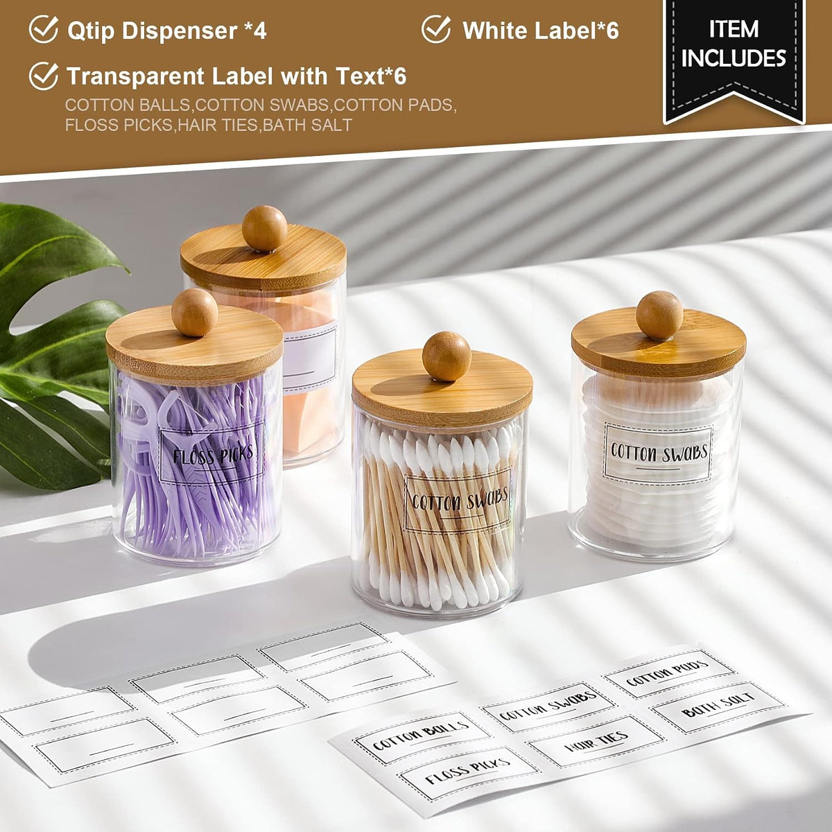 VITEVER Cotton Bud Holder Jars with Bamboo Lids, 4 Pack, 10 oz - view 3