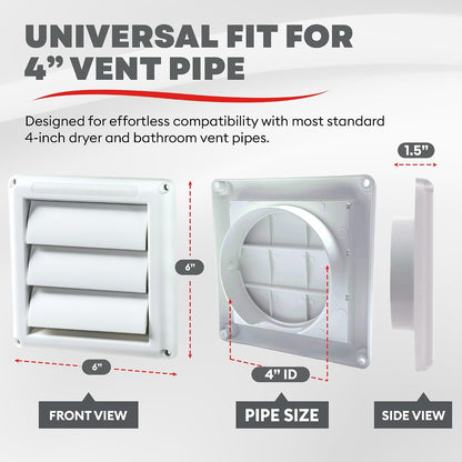 Deflecto Outdoor Dryer Vent Cover 4 Inch with Louvered Damper, White - view 2