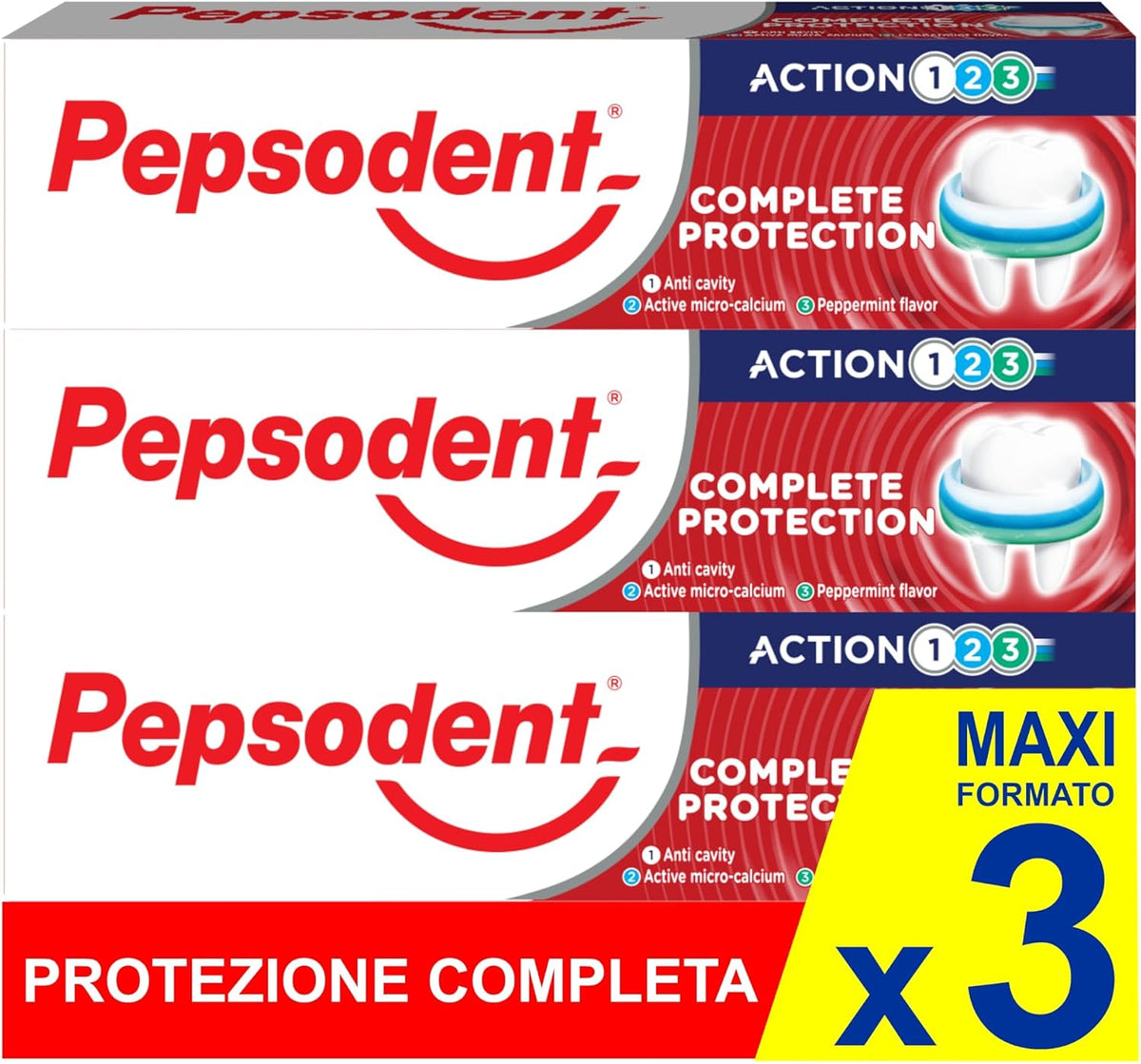 Pepsodent Complete Protection Toothpaste with Fluoride & Calcium, 75 ml (2.5 fl oz), Pack of 3 — product view