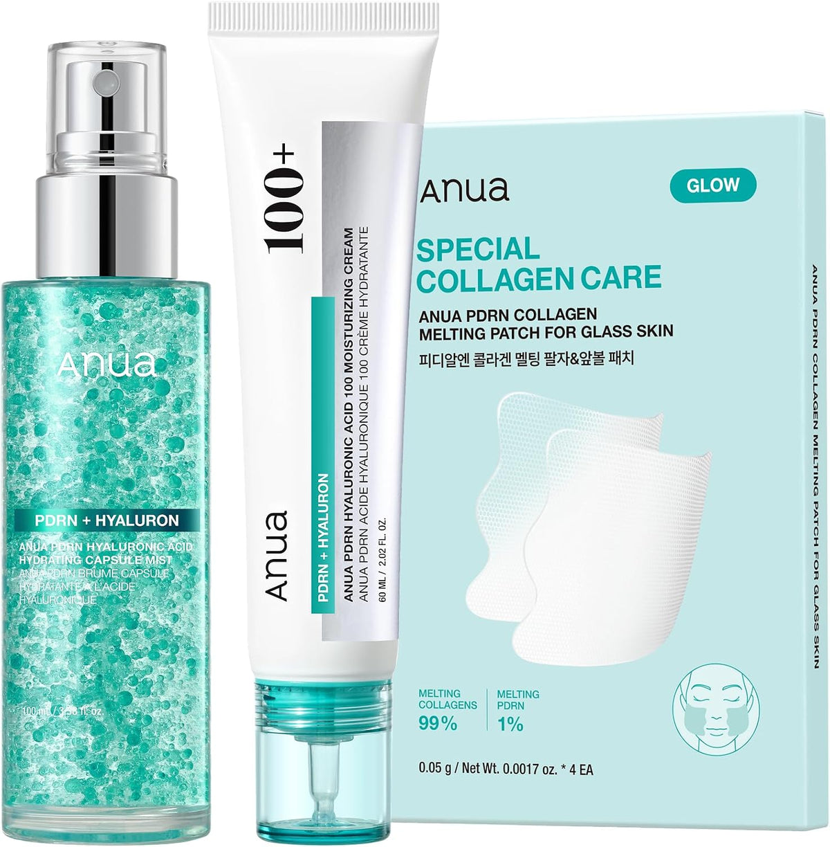 Anua PDRN Collagen Glass Skin Trio, Capsule Mist, Melting Patches and Cream