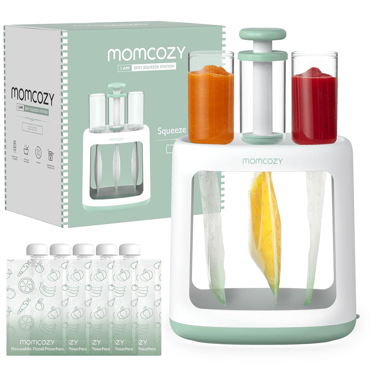 Momcozy Squeeze Station Baby Food Pouch Filler, 5 Reusable Pouches