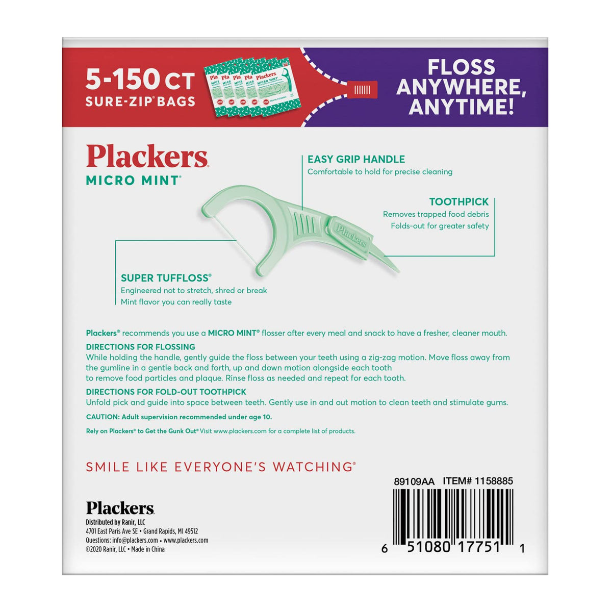 Plackers Micro Mint Floss Picks, 150 Count, Pack of 5 - view 2