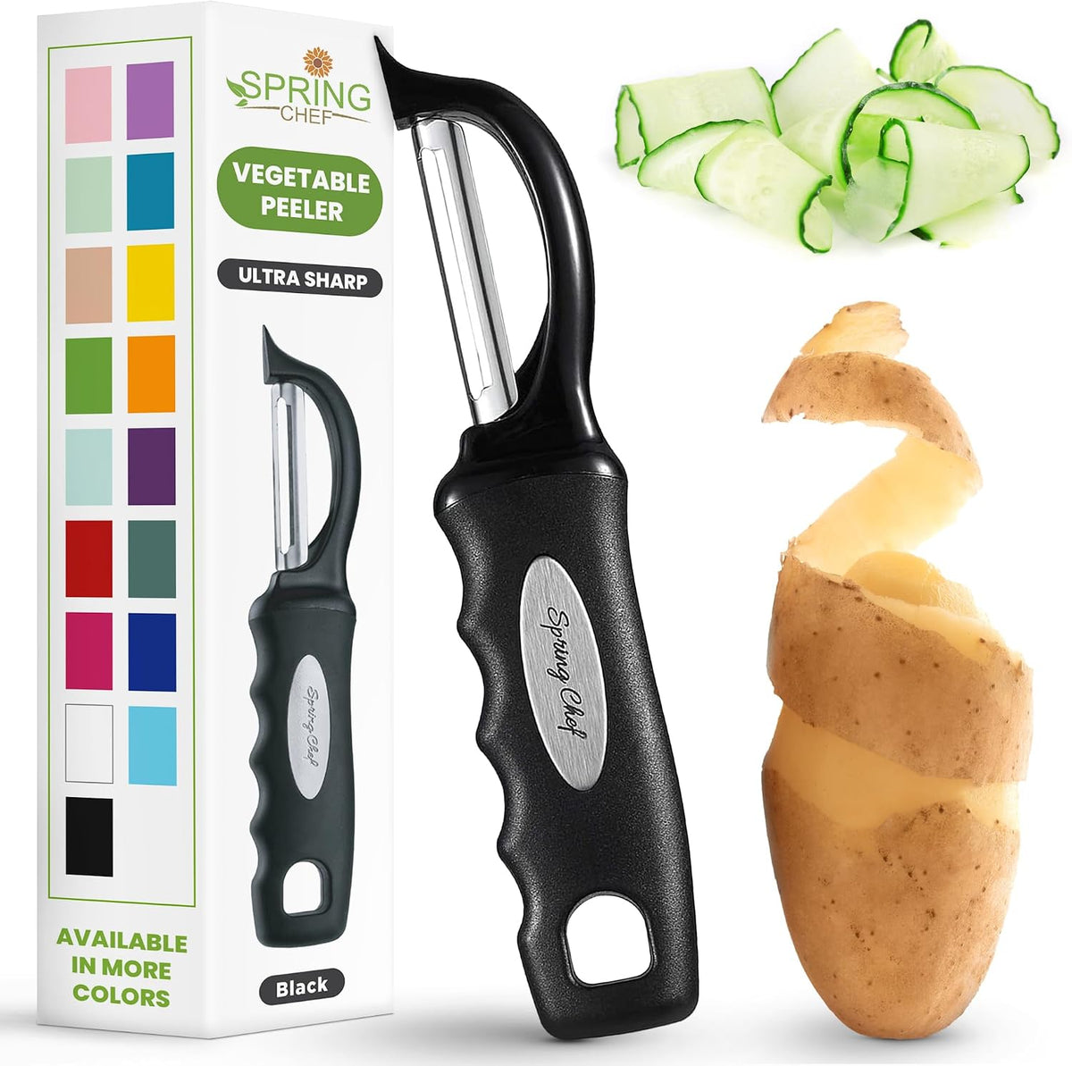 Spring Chef Original Swivel Vegetable Peeler, Soft Grip, Black