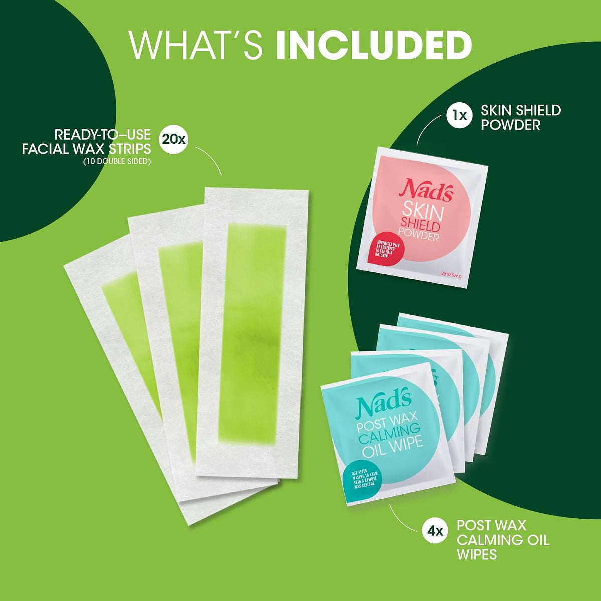 Nad's Facial Wax Strips Kit, 20 Strips, 4 Oil Wipes and Protection Powder - view 2