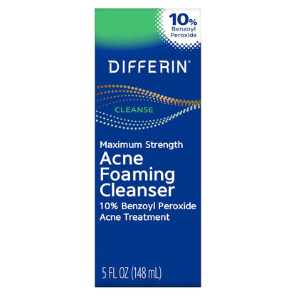 Differin Acne Foaming Cleanser, 10% Benzoyl Peroxide, Maximum Strength, 5 oz, acne treatment