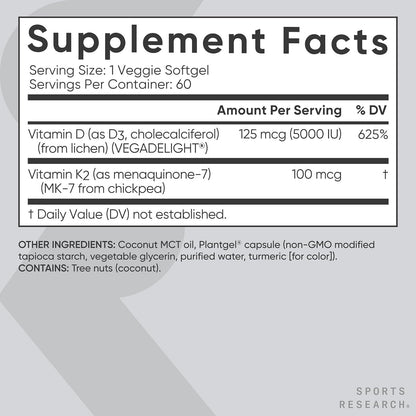 Sports Research Vegan Vitamin D3 + K2 with Coconut Oil, 60 Plantgels - view 5