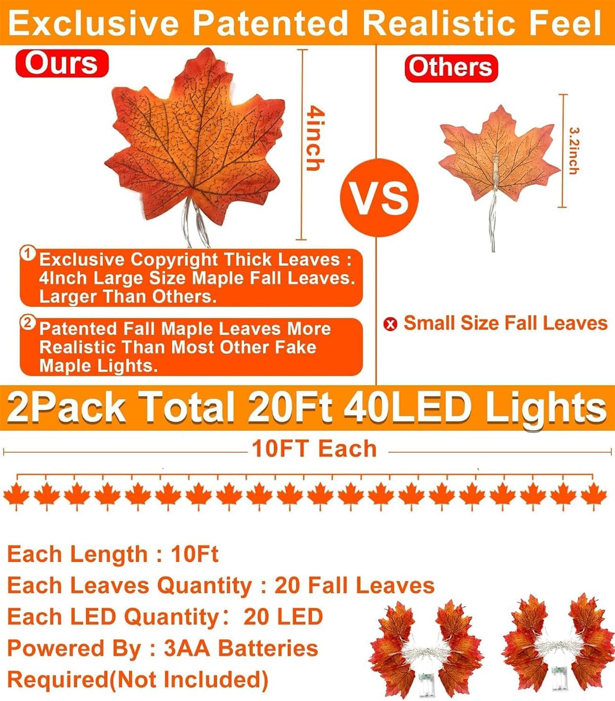 TURNMEON Fall Garland with Lights, 2 Pack, 20 ft, 40 LED Maple Leaves - view 2