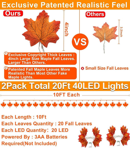 TURNMEON Fall Garland with Lights, 2 Pack, 20 ft, 40 LED Maple Leaves - view 2