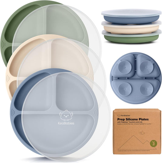 KeaBabies Silicone Suction Plates with Lids, 3 Pack, Slate