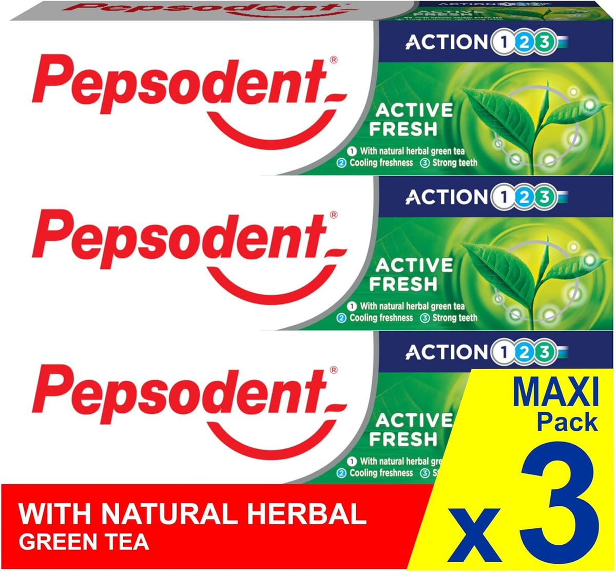 Pepsodent Active Fresh Toothpaste with Fluoride and Calcium 75 ml (2.5 fl oz), Pack of 3 — product view