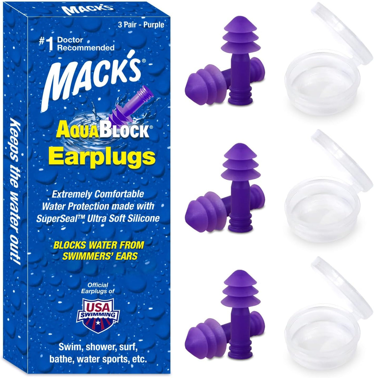 Mack's AquaBlock Silicone Swimming Earplugs, 3 Pair, Purple