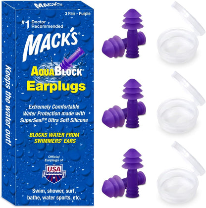 Mack's AquaBlock Silicone Swimming Earplugs, 3 Pair, Purple