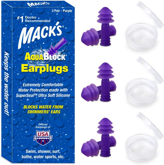 Mack's AquaBlock Silicone Swimming Earplugs, 3 Pair, Purple