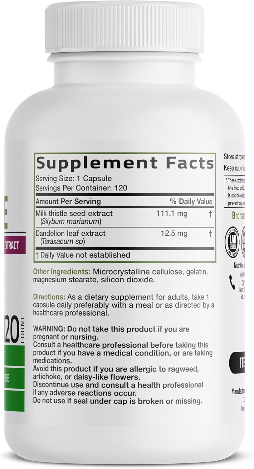 Bronson Milk Thistle Silymarin Marianum and Dandelion Extract, 120 Capsules - view 2