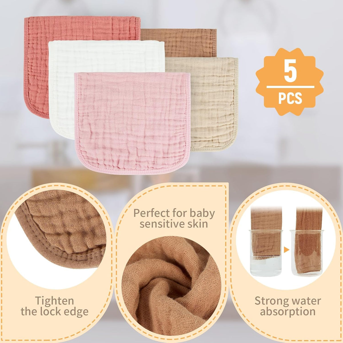 MIGIOL 100% Cotton Muslin Burp Cloths, 10 x 20 Inch, Pink & Coffee, 5 Pack - view 5